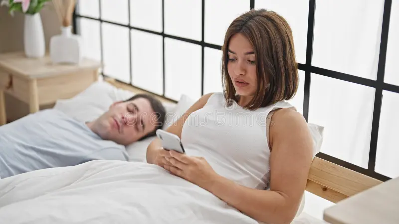 Woman Shares Why Her Straight Boyfriend Sleeps With Men On Camera 2 beautiful couple lying bed using smartphone boyfriend sleep bedroom beautiful couple lying bed using smartphone 294232360